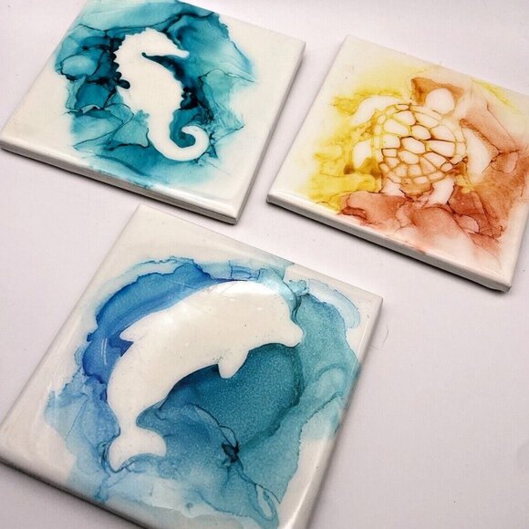 Ceramic Studio Art Alcohol Ink Abstract Summer Tile Coasters Set of 7 4x4 - Picture 3 of 8